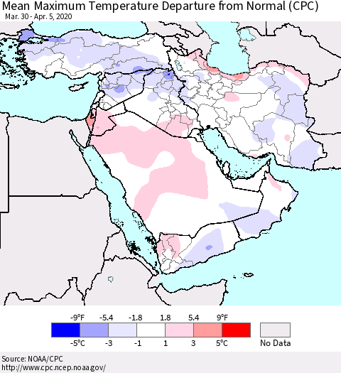 Middle East and Turkey Mean Maximum Temperature Departure from Normal (CPC) Thematic Map For 3/30/2020 - 4/5/2020