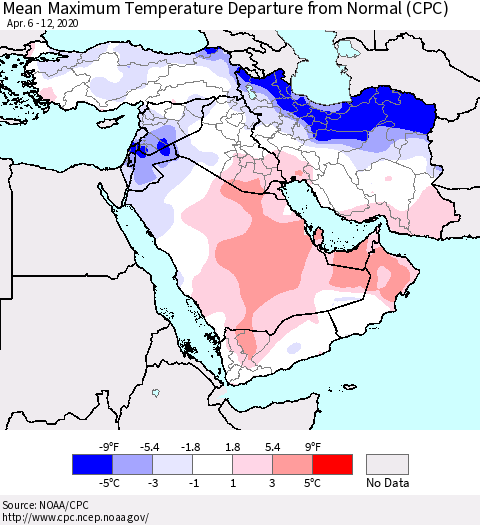 Middle East and Turkey Mean Maximum Temperature Departure from Normal (CPC) Thematic Map For 4/6/2020 - 4/12/2020