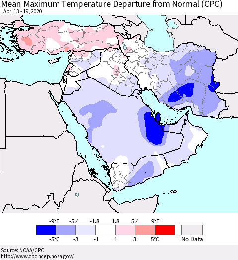 Middle East and Turkey Mean Maximum Temperature Departure from Normal (CPC) Thematic Map For 4/13/2020 - 4/19/2020