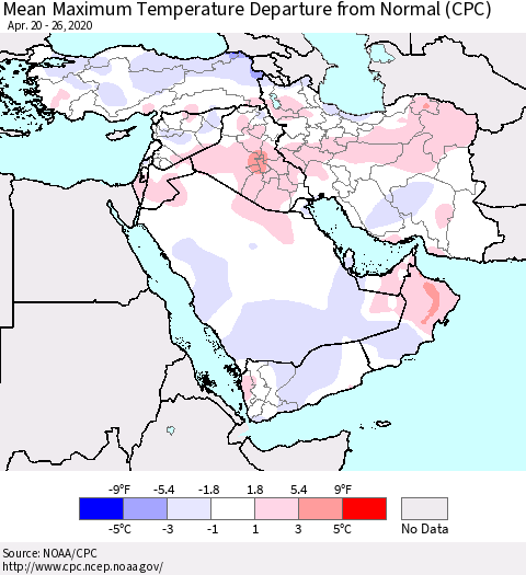 Middle East and Turkey Mean Maximum Temperature Departure from Normal (CPC) Thematic Map For 4/20/2020 - 4/26/2020