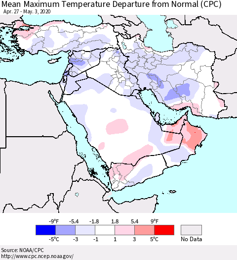 Middle East and Turkey Mean Maximum Temperature Departure from Normal (CPC) Thematic Map For 4/27/2020 - 5/3/2020