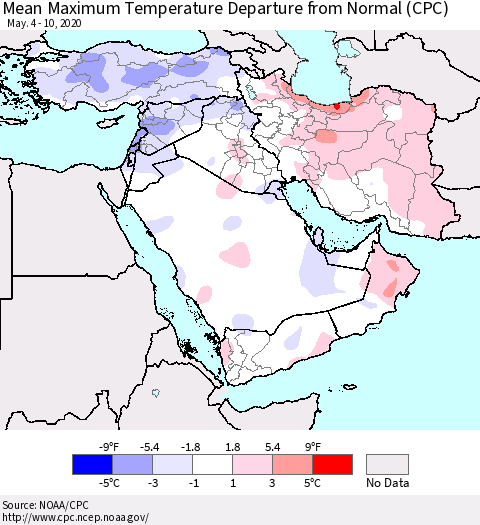 Middle East and Turkey Mean Maximum Temperature Departure from Normal (CPC) Thematic Map For 5/4/2020 - 5/10/2020