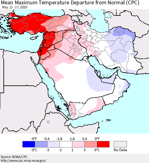 Middle East and Turkey Mean Maximum Temperature Departure from Normal (CPC) Thematic Map For 5/11/2020 - 5/17/2020