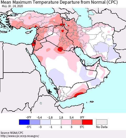 Middle East and Turkey Mean Maximum Temperature Departure from Normal (CPC) Thematic Map For 5/18/2020 - 5/24/2020