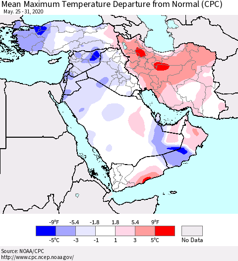 Middle East and Turkey Mean Maximum Temperature Departure from Normal (CPC) Thematic Map For 5/25/2020 - 5/31/2020