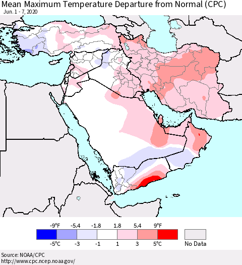 Middle East and Turkey Mean Maximum Temperature Departure from Normal (CPC) Thematic Map For 6/1/2020 - 6/7/2020