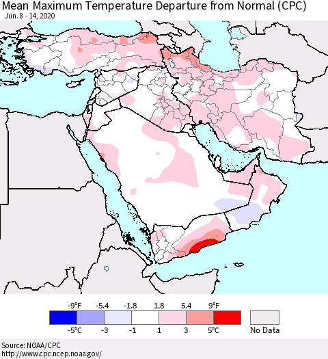 Middle East and Turkey Mean Maximum Temperature Departure from Normal (CPC) Thematic Map For 6/8/2020 - 6/14/2020