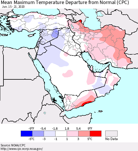 Middle East and Turkey Mean Maximum Temperature Departure from Normal (CPC) Thematic Map For 6/15/2020 - 6/21/2020