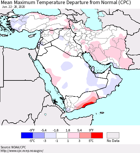 Middle East and Turkey Mean Maximum Temperature Departure from Normal (CPC) Thematic Map For 6/22/2020 - 6/28/2020
