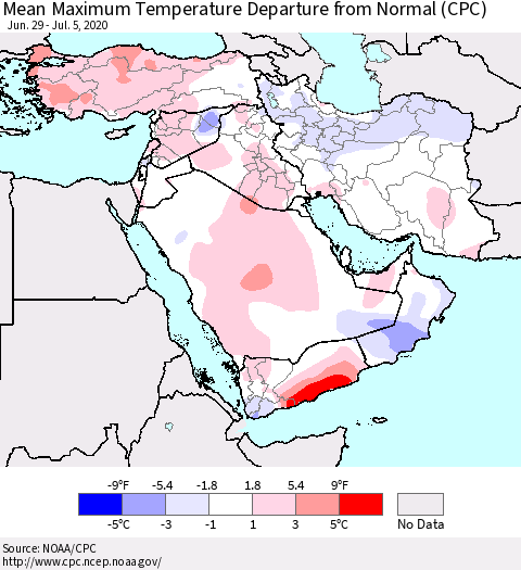 Middle East and Turkey Mean Maximum Temperature Departure from Normal (CPC) Thematic Map For 6/29/2020 - 7/5/2020