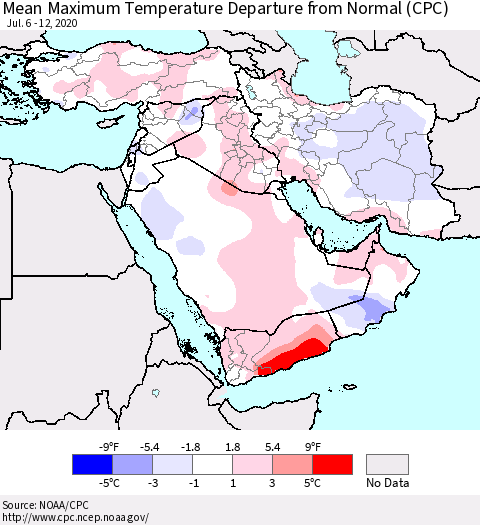 Middle East and Turkey Mean Maximum Temperature Departure from Normal (CPC) Thematic Map For 7/6/2020 - 7/12/2020