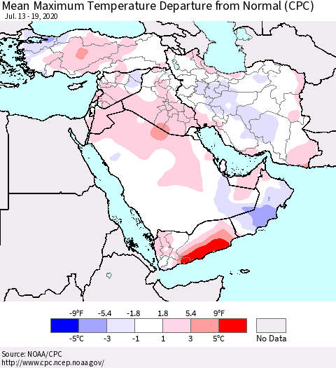 Middle East and Turkey Mean Maximum Temperature Departure from Normal (CPC) Thematic Map For 7/13/2020 - 7/19/2020