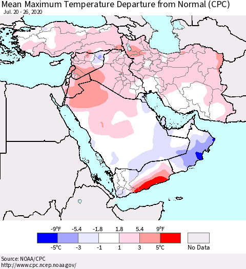 Middle East and Turkey Mean Maximum Temperature Departure from Normal (CPC) Thematic Map For 7/20/2020 - 7/26/2020