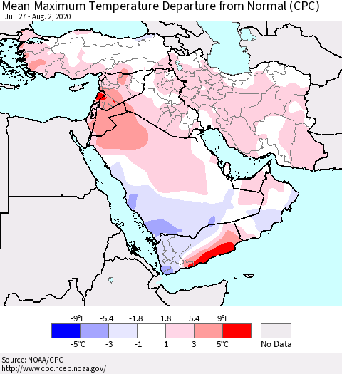 Middle East and Turkey Mean Maximum Temperature Departure from Normal (CPC) Thematic Map For 7/27/2020 - 8/2/2020