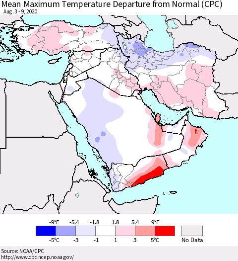 Middle East and Turkey Mean Maximum Temperature Departure from Normal (CPC) Thematic Map For 8/3/2020 - 8/9/2020