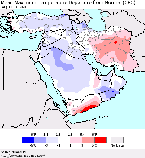 Middle East and Turkey Mean Maximum Temperature Departure from Normal (CPC) Thematic Map For 8/10/2020 - 8/16/2020