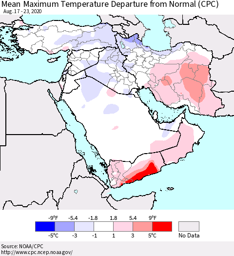 Middle East and Turkey Mean Maximum Temperature Departure from Normal (CPC) Thematic Map For 8/17/2020 - 8/23/2020