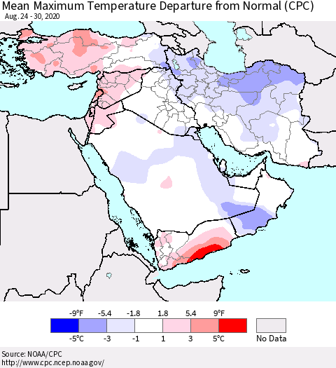 Middle East and Turkey Mean Maximum Temperature Departure from Normal (CPC) Thematic Map For 8/24/2020 - 8/30/2020