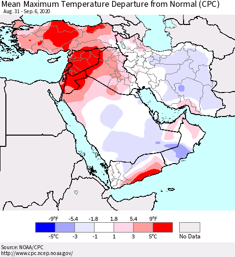Middle East and Turkey Mean Maximum Temperature Departure from Normal (CPC) Thematic Map For 8/31/2020 - 9/6/2020