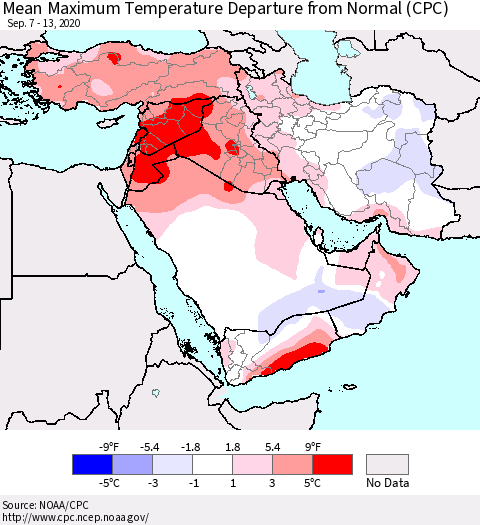 Middle East and Turkey Mean Maximum Temperature Departure from Normal (CPC) Thematic Map For 9/7/2020 - 9/13/2020
