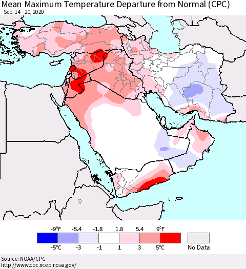 Middle East and Turkey Mean Maximum Temperature Departure from Normal (CPC) Thematic Map For 9/14/2020 - 9/20/2020