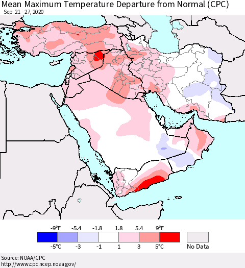 Middle East and Turkey Mean Maximum Temperature Departure from Normal (CPC) Thematic Map For 9/21/2020 - 9/27/2020
