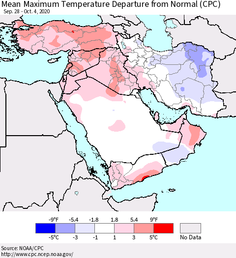 Middle East and Turkey Mean Maximum Temperature Departure from Normal (CPC) Thematic Map For 9/28/2020 - 10/4/2020