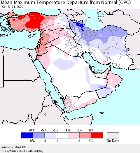 Middle East and Turkey Mean Maximum Temperature Departure from Normal (CPC) Thematic Map For 10/5/2020 - 10/11/2020