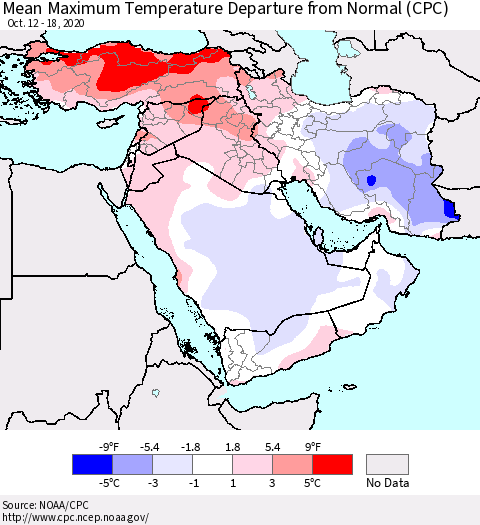 Middle East and Turkey Mean Maximum Temperature Departure from Normal (CPC) Thematic Map For 10/12/2020 - 10/18/2020