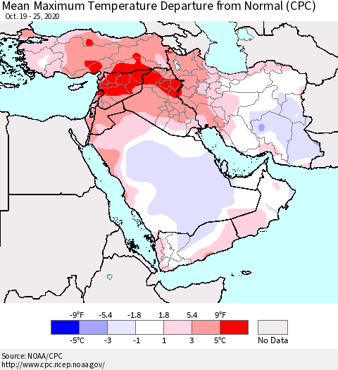 Middle East and Turkey Mean Maximum Temperature Departure from Normal (CPC) Thematic Map For 10/19/2020 - 10/25/2020