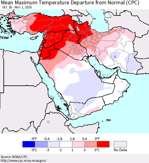 Middle East and Turkey Mean Maximum Temperature Departure from Normal (CPC) Thematic Map For 10/26/2020 - 11/1/2020