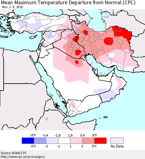 Middle East and Turkey Mean Maximum Temperature Departure from Normal (CPC) Thematic Map For 11/2/2020 - 11/8/2020