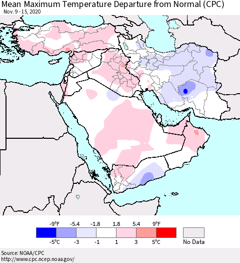 Middle East and Turkey Mean Maximum Temperature Departure from Normal (CPC) Thematic Map For 11/9/2020 - 11/15/2020