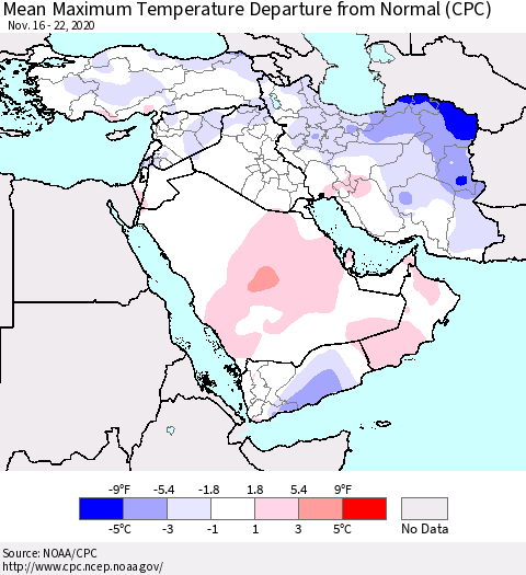 Middle East and Turkey Mean Maximum Temperature Departure from Normal (CPC) Thematic Map For 11/16/2020 - 11/22/2020