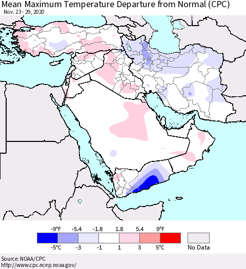 Middle East and Turkey Mean Maximum Temperature Departure from Normal (CPC) Thematic Map For 11/23/2020 - 11/29/2020