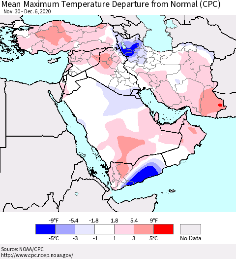 Middle East and Turkey Mean Maximum Temperature Departure from Normal (CPC) Thematic Map For 11/30/2020 - 12/6/2020