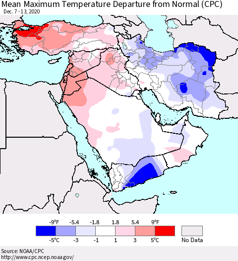 Middle East and Turkey Mean Maximum Temperature Departure from Normal (CPC) Thematic Map For 12/7/2020 - 12/13/2020