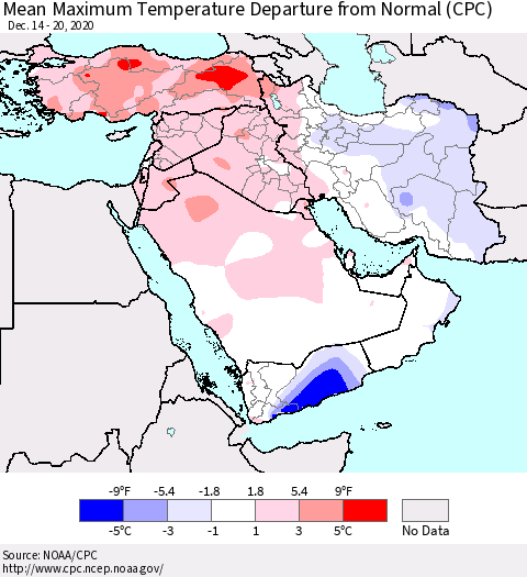Middle East and Turkey Mean Maximum Temperature Departure from Normal (CPC) Thematic Map For 12/14/2020 - 12/20/2020
