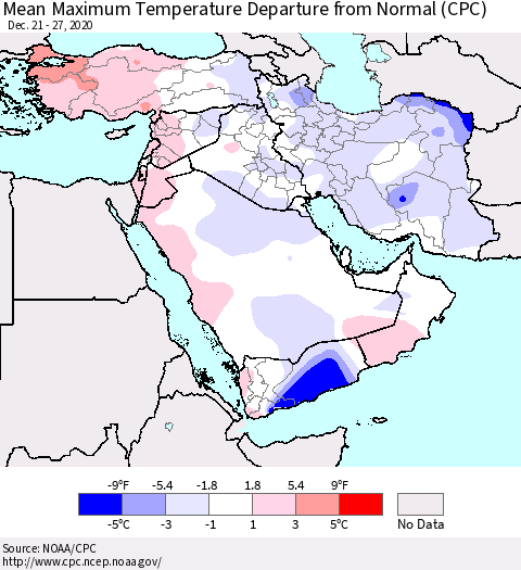 Middle East and Turkey Mean Maximum Temperature Departure from Normal (CPC) Thematic Map For 12/21/2020 - 12/27/2020