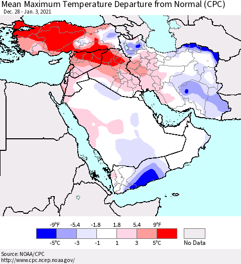Middle East and Turkey Mean Maximum Temperature Departure from Normal (CPC) Thematic Map For 12/28/2020 - 1/3/2021