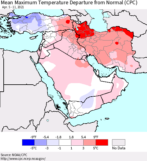Middle East and Turkey Mean Maximum Temperature Departure from Normal (CPC) Thematic Map For 4/5/2021 - 4/11/2021
