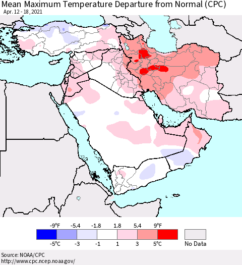Middle East and Turkey Mean Maximum Temperature Departure from Normal (CPC) Thematic Map For 4/12/2021 - 4/18/2021