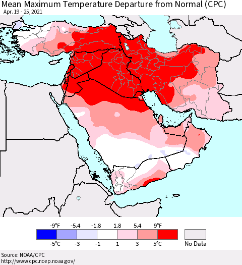 Middle East and Turkey Mean Maximum Temperature Departure from Normal (CPC) Thematic Map For 4/19/2021 - 4/25/2021