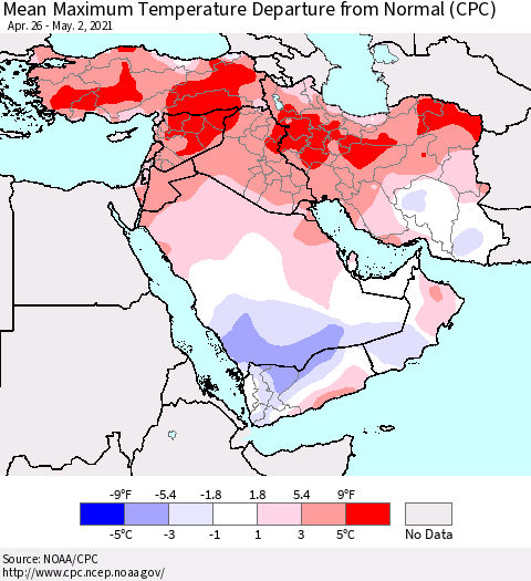 Middle East and Turkey Mean Maximum Temperature Departure from Normal (CPC) Thematic Map For 4/26/2021 - 5/2/2021
