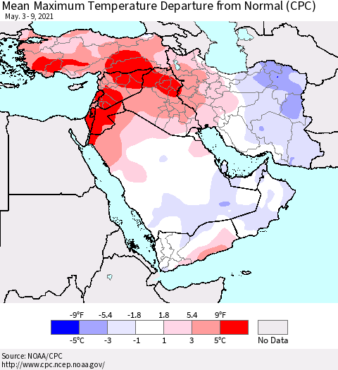 Middle East and Turkey Mean Maximum Temperature Departure from Normal (CPC) Thematic Map For 5/3/2021 - 5/9/2021