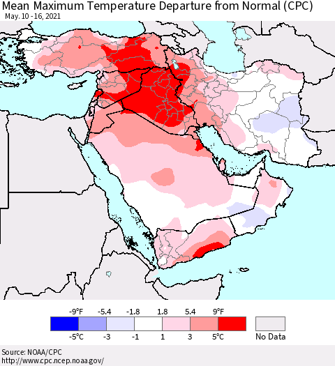 Middle East and Turkey Mean Maximum Temperature Departure from Normal (CPC) Thematic Map For 5/10/2021 - 5/16/2021