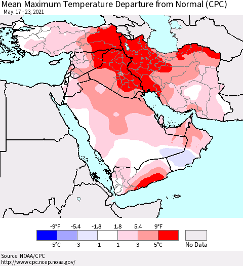 Middle East and Turkey Mean Maximum Temperature Departure from Normal (CPC) Thematic Map For 5/17/2021 - 5/23/2021