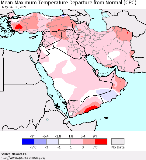 Middle East and Turkey Mean Maximum Temperature Departure from Normal (CPC) Thematic Map For 5/24/2021 - 5/30/2021