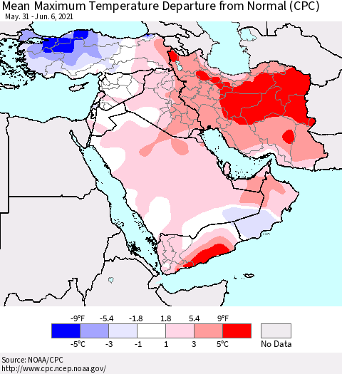 Middle East and Turkey Mean Maximum Temperature Departure from Normal (CPC) Thematic Map For 5/31/2021 - 6/6/2021