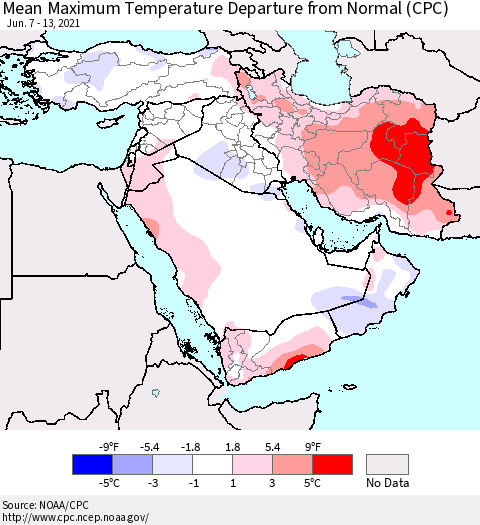 Middle East and Turkey Mean Maximum Temperature Departure from Normal (CPC) Thematic Map For 6/7/2021 - 6/13/2021